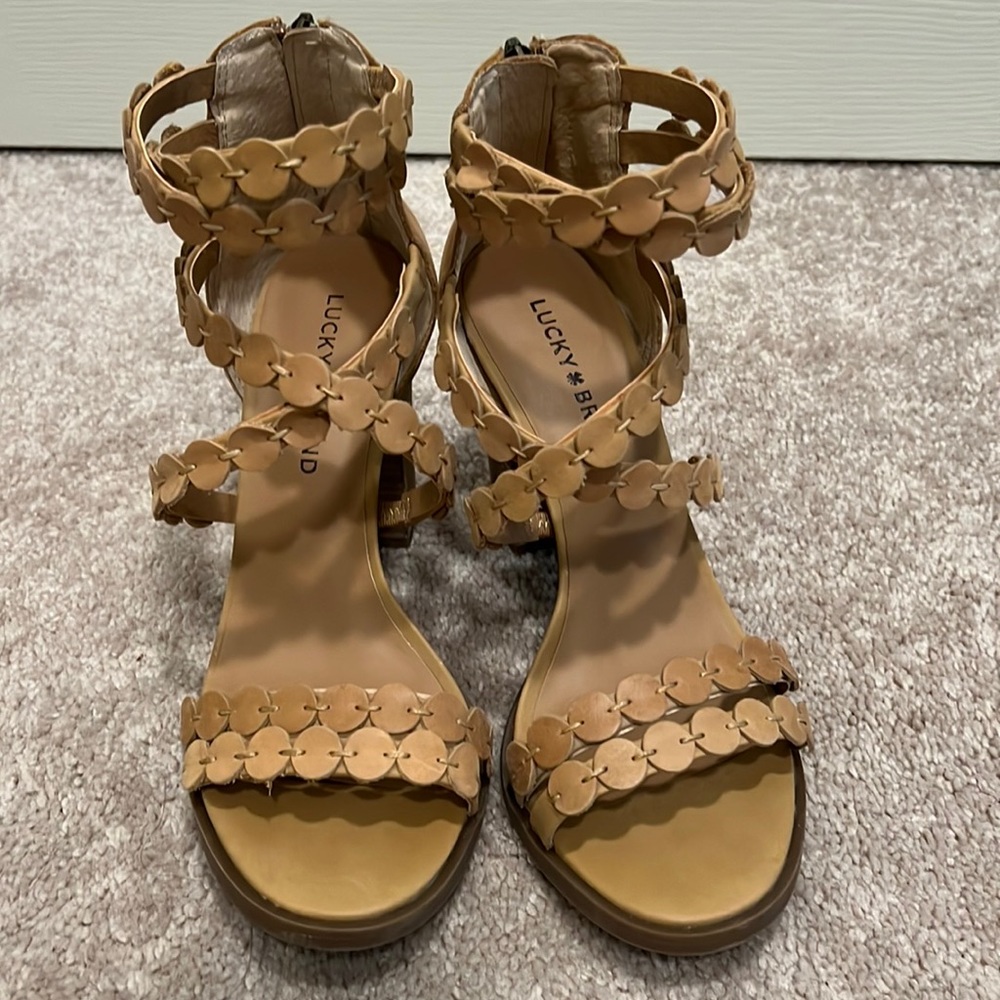 Lucky Brand open toe heels in nude color, size 7.5